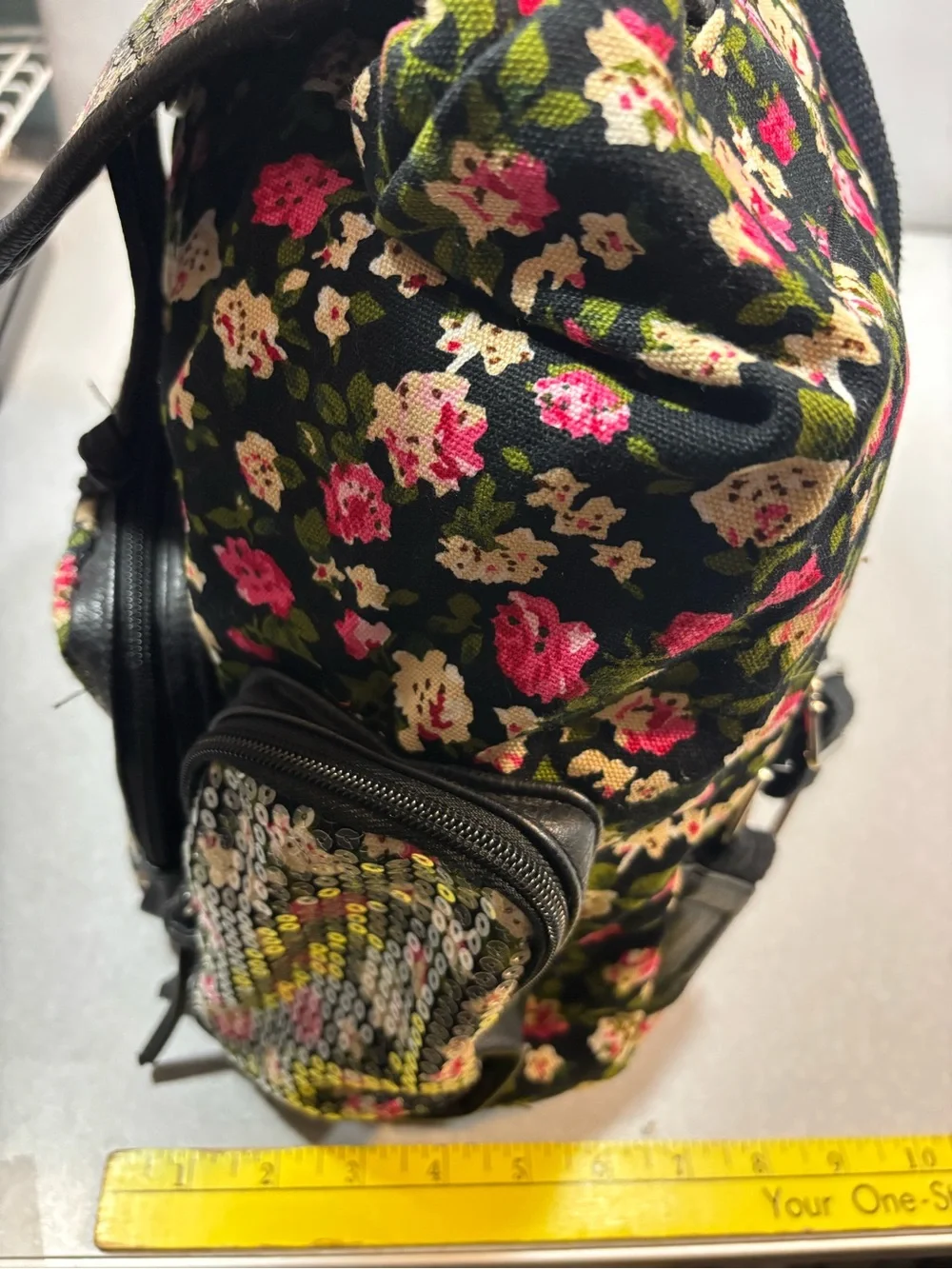 Candie's Black Floral Sequin Backpack with Pink & Cream Accents